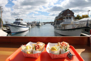 portland lobster co lobster rolls with view of the harbor